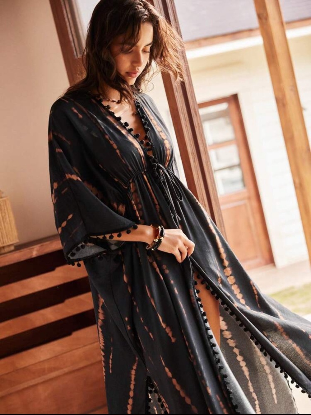 Boho Black Tie Dye Print Pom Trim Maxi Duster Swim Cover-Up Robe
